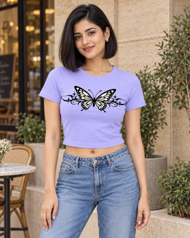 Ornamental Butterfly Graphic Crop Top in Lavender — model view 1