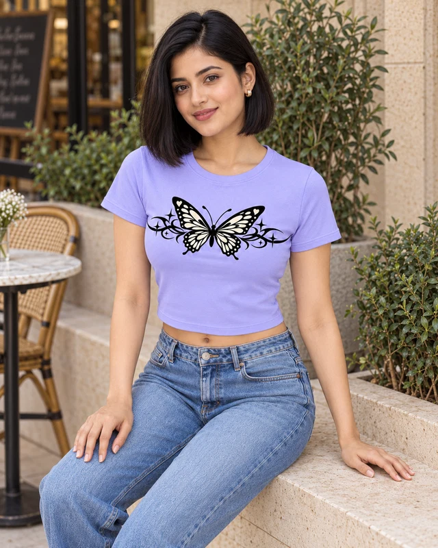 Ornamental Butterfly Graphic Crop Top in Lavender — model view 2
