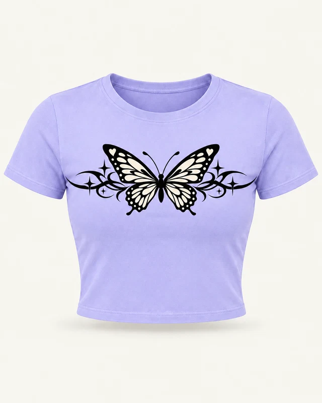 Ornamental Butterfly Graphic Crop Top in Lavender — product front