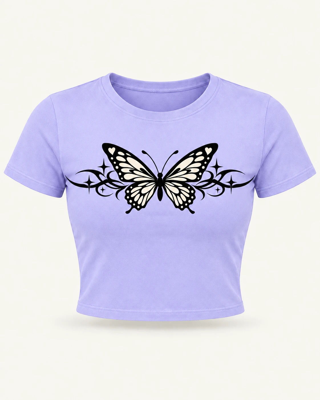 Ornamental Butterfly Graphic Crop Top in Lavender — product front Ornamental Butterfly Graphic Crop Top in Lavender — product front