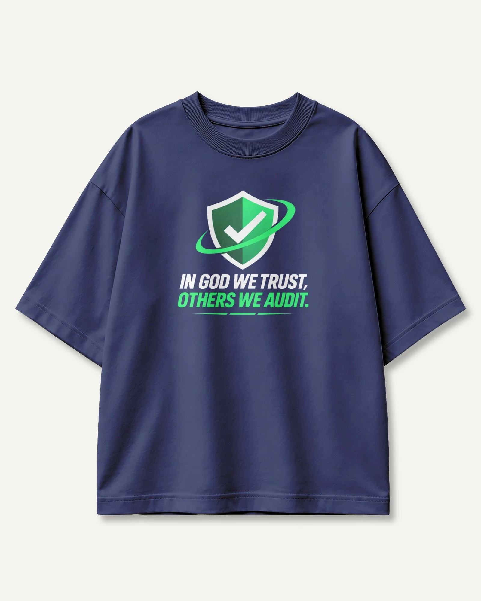 In God We Trust Others We Audit Oversized T-Shirt in Royal Blue — front In God We Trust Others We Audit Oversized T-Shirt in Royal Blue — front