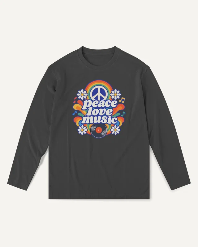 Peace Love Music Long-Sleeve T-Shirt in Black — front