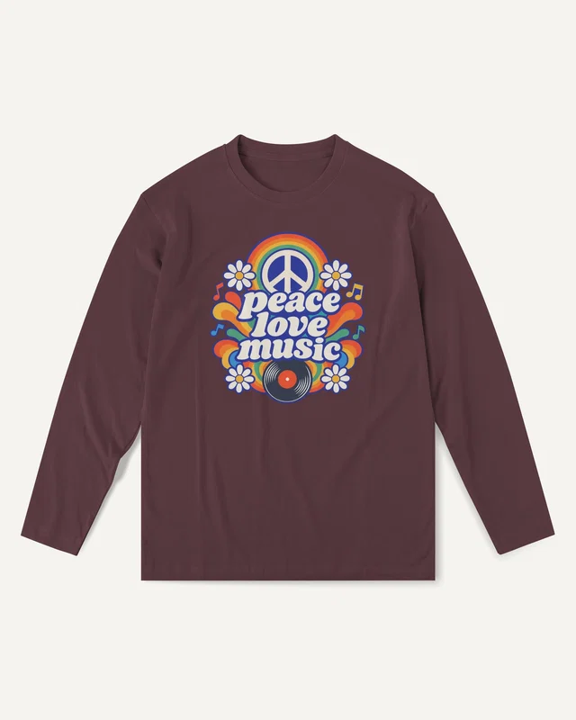 Peace Love Music Long-Sleeve T-Shirt in Maroon — front