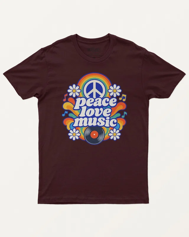 Peace Love Music Regular T-Shirt in Maroon — front