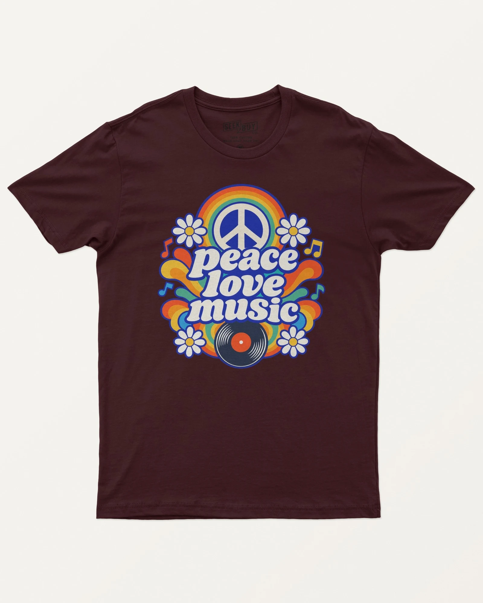 Peace Love Music Regular T-Shirt in Maroon — front Peace Love Music Regular T-Shirt in Maroon — front