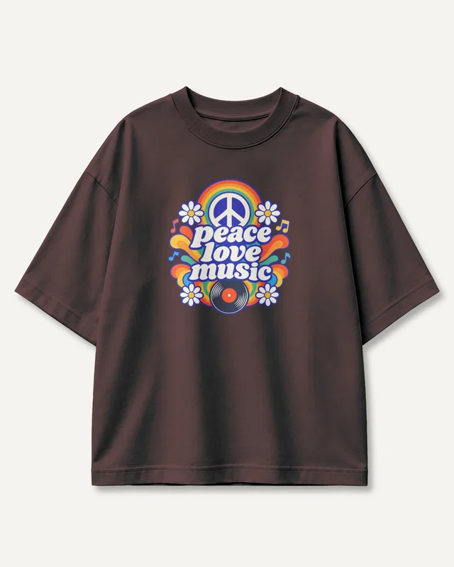 Peace Love Music Oversized T-Shirt in Maroon — front