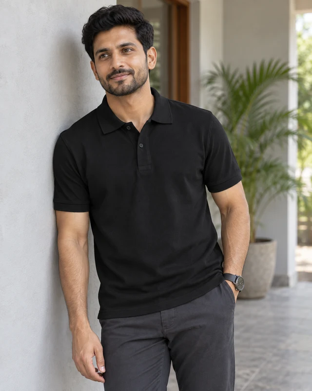 Essential Cotton Polo T-Shirt in Black — Model front