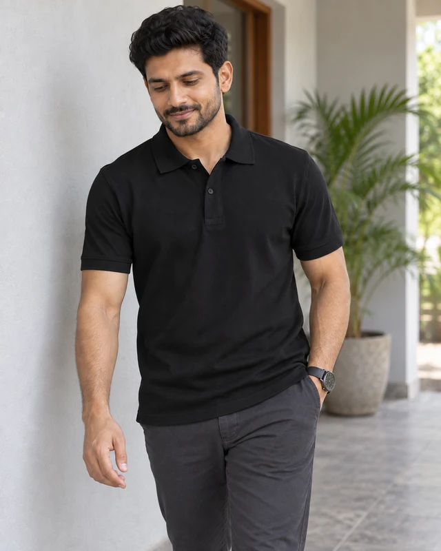 Essential Cotton Polo T-Shirt in Black — Model three-quarter view