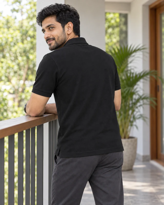 Essential Cotton Polo T-Shirt in Black — Model back