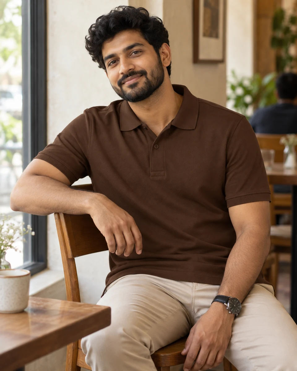 Essential Cotton Polo T-Shirt in Coffee Brown — Model front