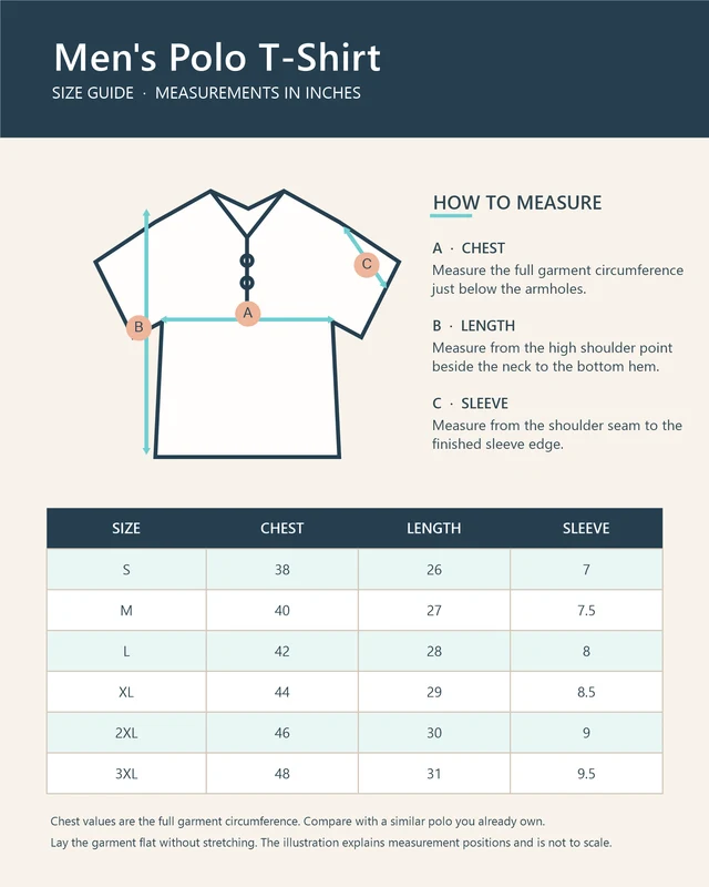 Polo T-Shirt size chart — S to 3XL, measurements in inches