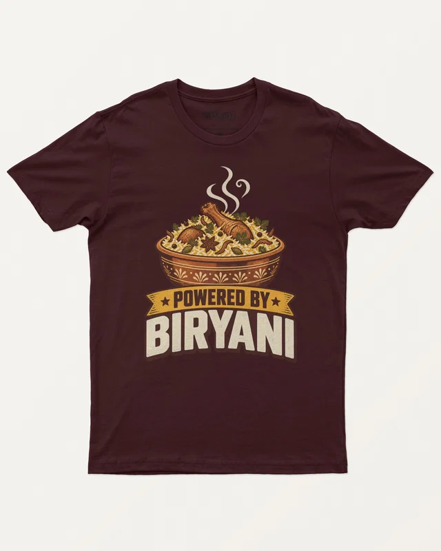Powered by Biryani Regular T-Shirt in Maroon — front