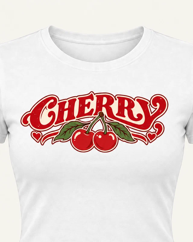 Retro Cherry Graphic Crop Top in White — cropped design detail