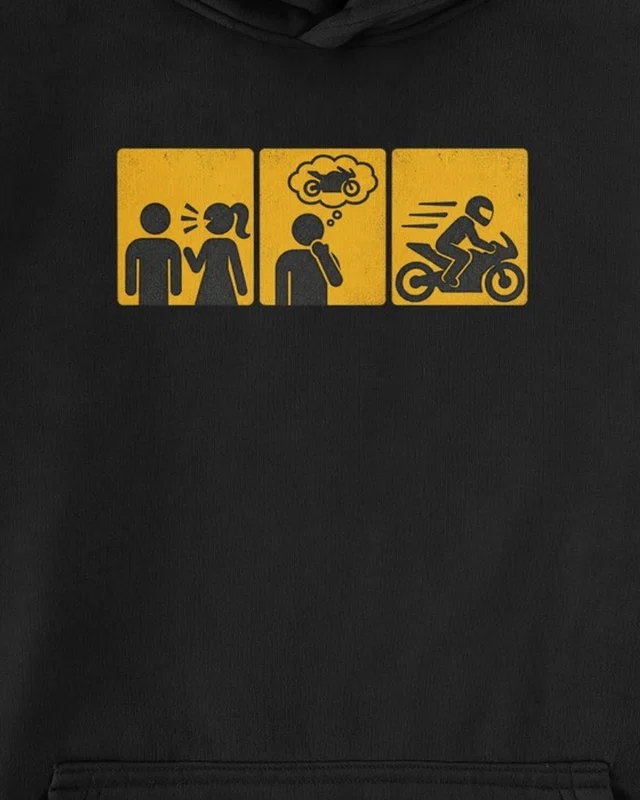 Ride Away Motorcycle Comic Graphic Hoodie in Black — cropped design detail