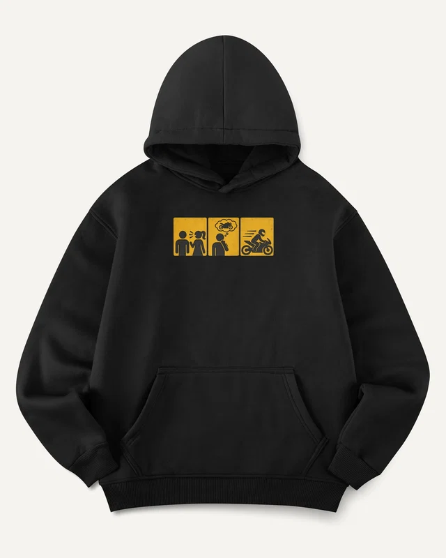 Ride Away Motorcycle Comic Graphic Hoodie in Black — front