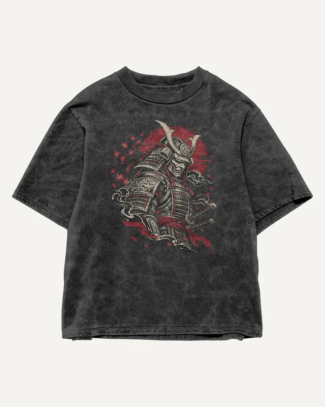 Samurai Warrior Acid-Wash Oversized T-Shirt in Black — front