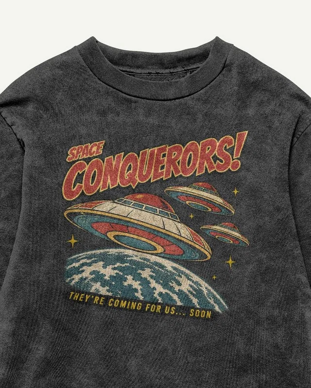 Space Conquerors Acid-Wash Oversized T-Shirt in Black — design detail