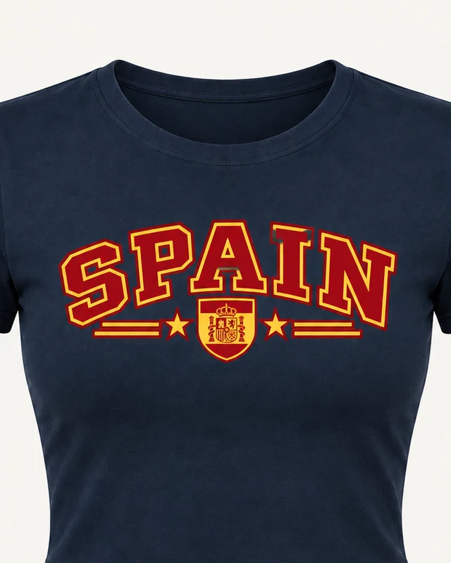 Spain Varsity Graphic Crop Top in Navy Blue — cropped design detail