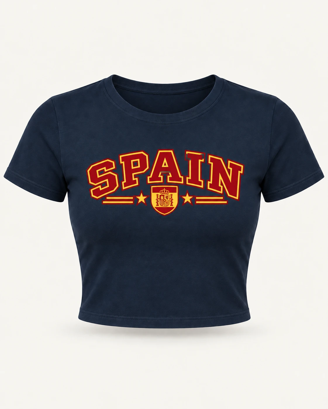Spain Varsity Graphic Crop Top in Navy Blue — product front Spain Varsity Graphic Crop Top in Navy Blue — product front