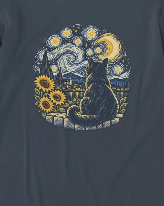 Starry Night Cat Long-Sleeve T-Shirt in Navy Blue — design detail
