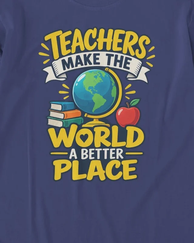 Teachers Make the World a Better Place Long-Sleeve T-Shirt in Royal Blue — design detail
