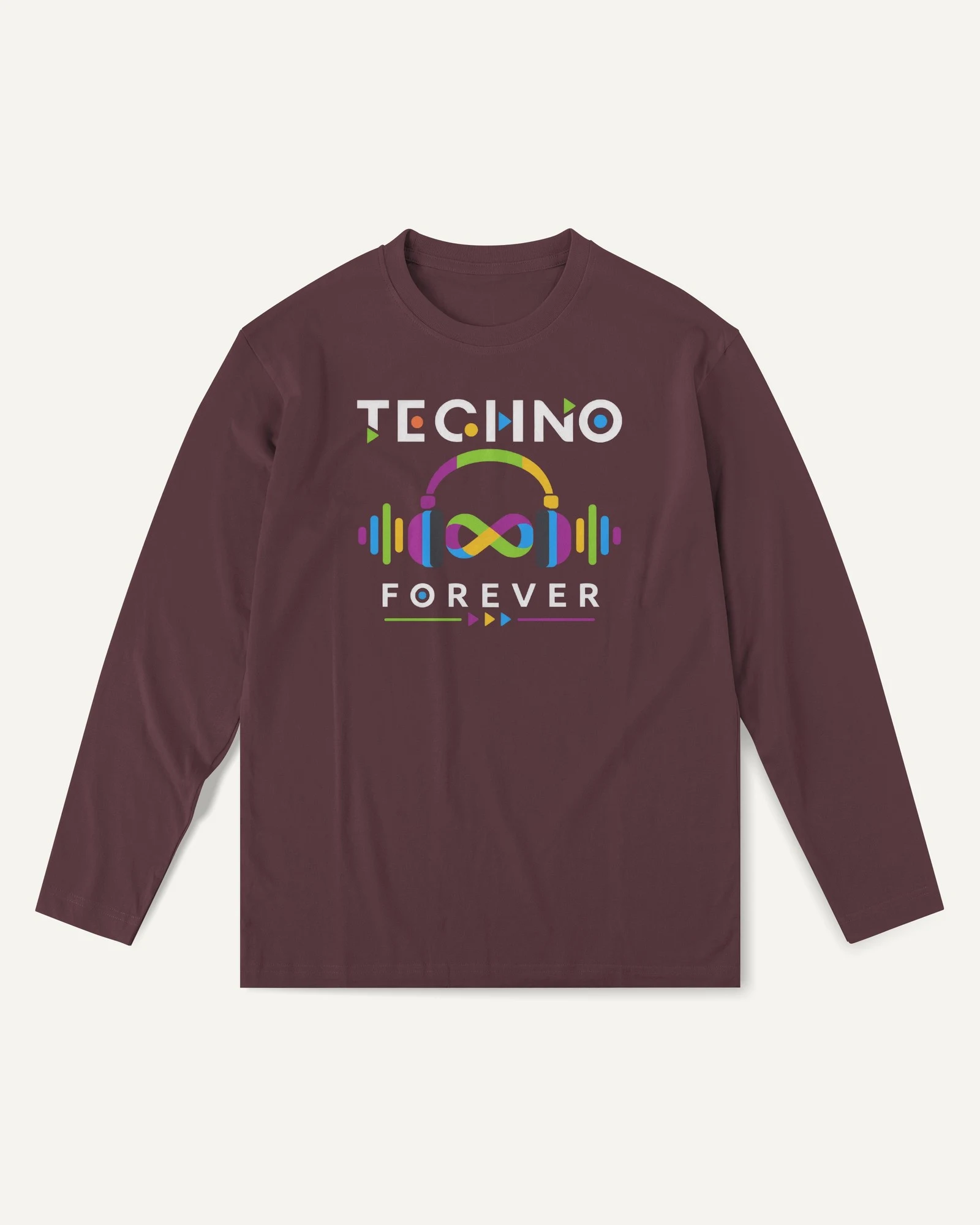 Techno Forever Long-Sleeve T-Shirt in Maroon — front Techno Forever Long-Sleeve T-Shirt in Maroon — front