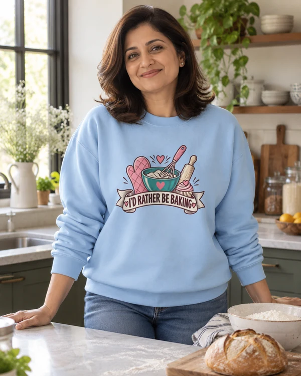 I'd Rather Be Baking Sweatshirt in Baby Blue — Indian lifestyle photo