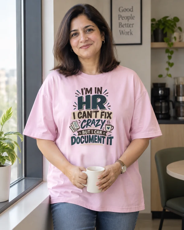 HR Can't Fix Crazy but Can Document It Oversized T-Shirt in Light Baby Pink — Indian lifestyle photo