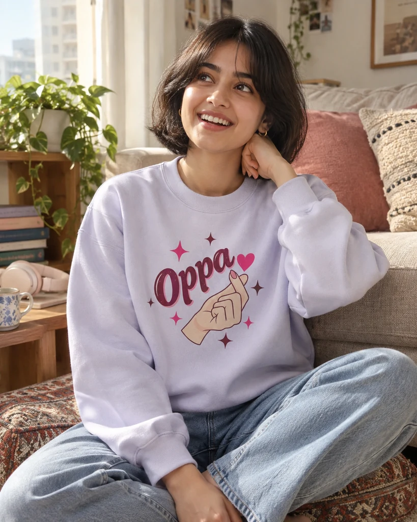 Oppa Finger Heart Sweatshirt in Lavender — K-Pop & K-Drama
