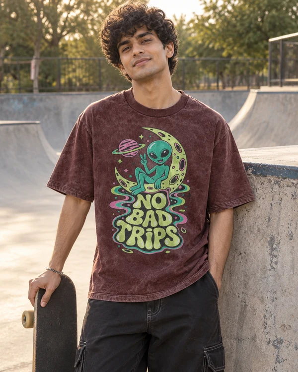 No Bad Trips Acid-Wash Oversized T-Shirt in Maroon — Indian lifestyle photo