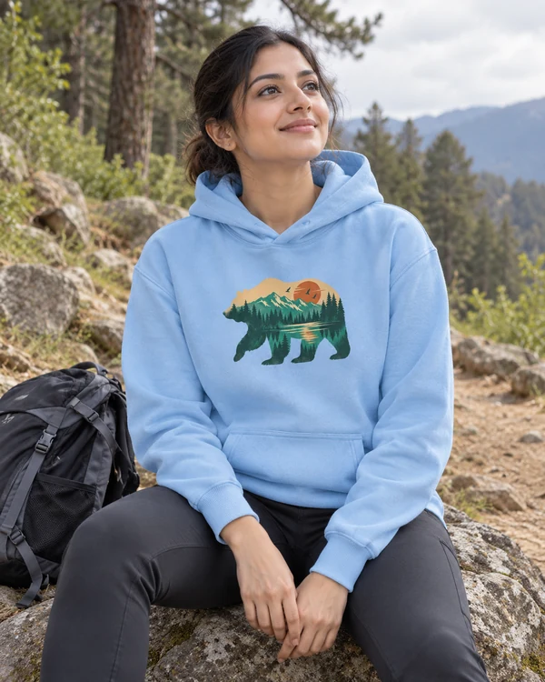 Mountain Forest Bear Graphic Hoodie in Baby Blue — Indian lifestyle photo