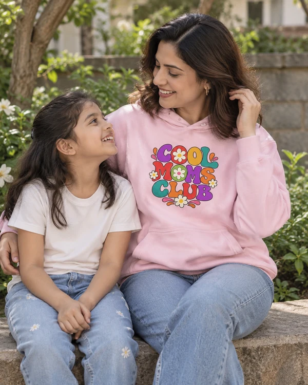 Cool Moms Club Graphic Hoodie in Light Baby Pink — Indian lifestyle photo
