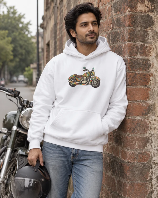 Floral Motorcycle Graphic Hoodie in White — Indian lifestyle photo