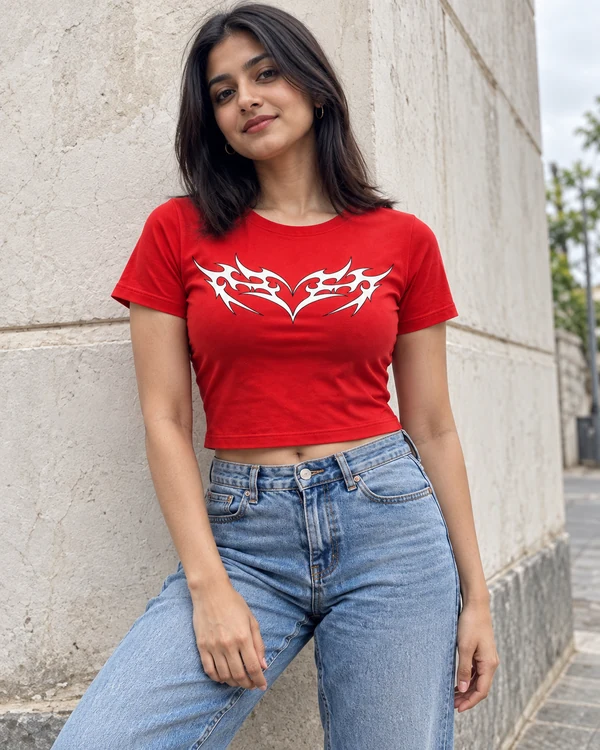 Abstract Tribal Heart Graphic Crop Top in Red — Indian lifestyle photo