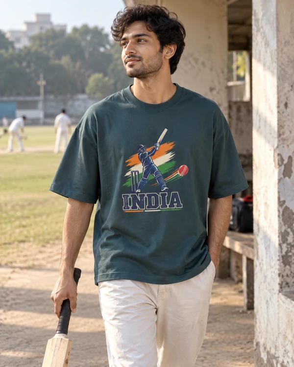 India Cricket Oversized T-Shirt in Petrol Blue — Indian lifestyle photo
