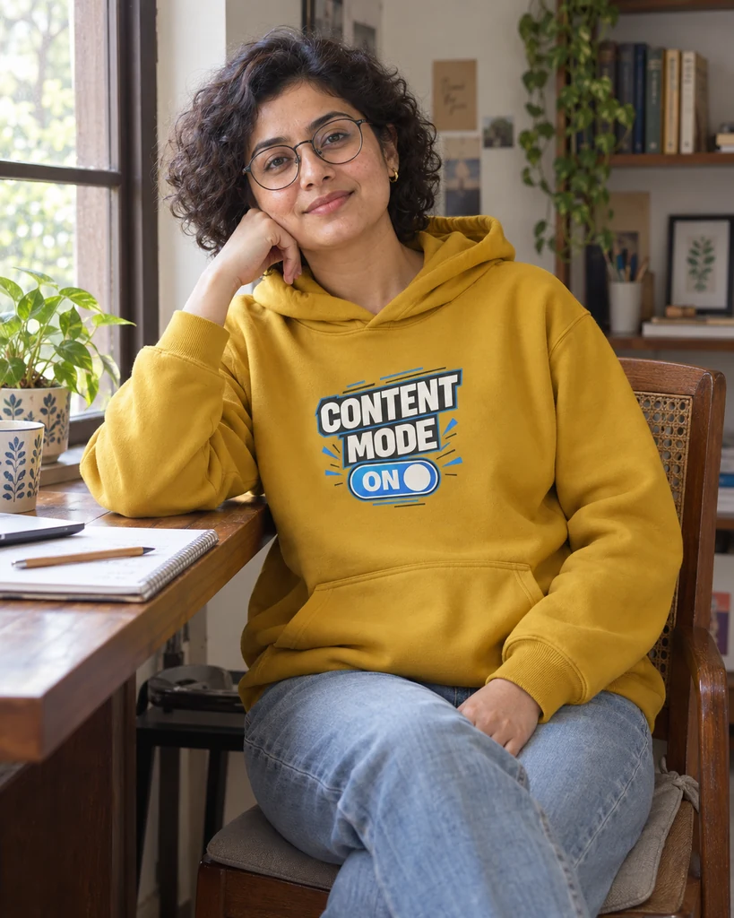 Content Mode On Graphic Hoodie in Mustard Yellow — Writer