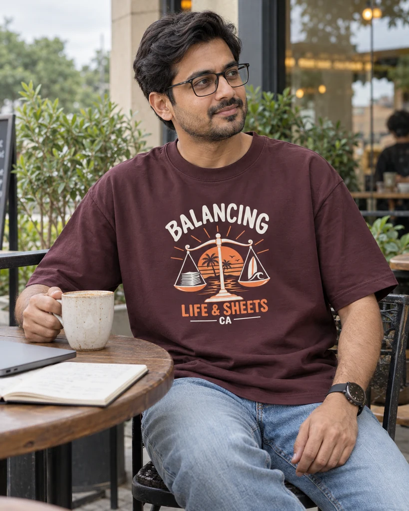 Balancing Life and Sheets Oversized T-Shirt in Maroon — Chartered Accountants