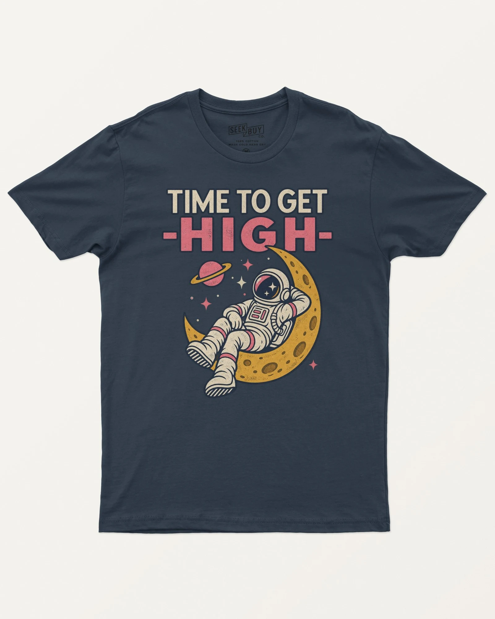 Time to Get High Astronaut Regular T-Shirt in Navy Blue — front Time to Get High Astronaut Regular T-Shirt in Navy Blue — front