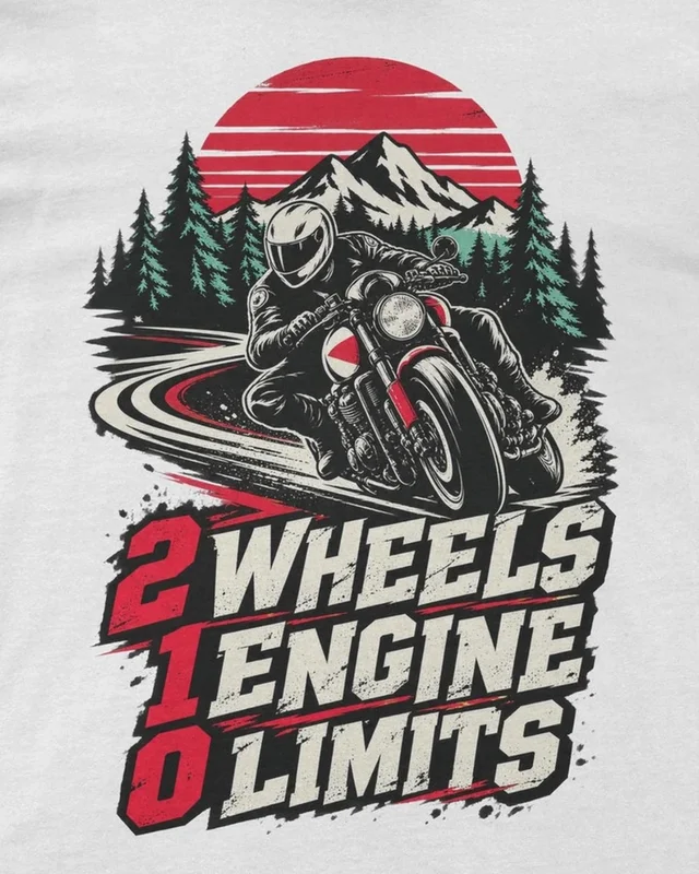 Two Wheels One Engine Zero Limits Regular T-Shirt in White — design detail