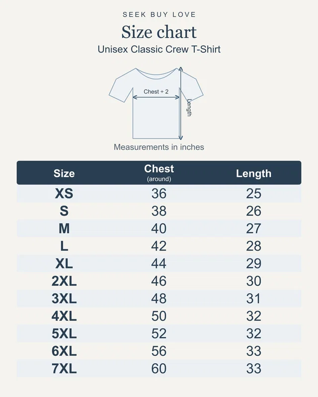 Unisex Classic Crew T-Shirt size chart in inches; chest is full circumference