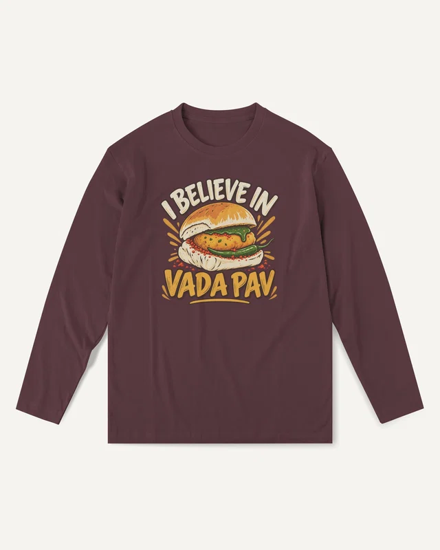 I Believe in Vada Pav Long-Sleeve T-Shirt in Maroon — front