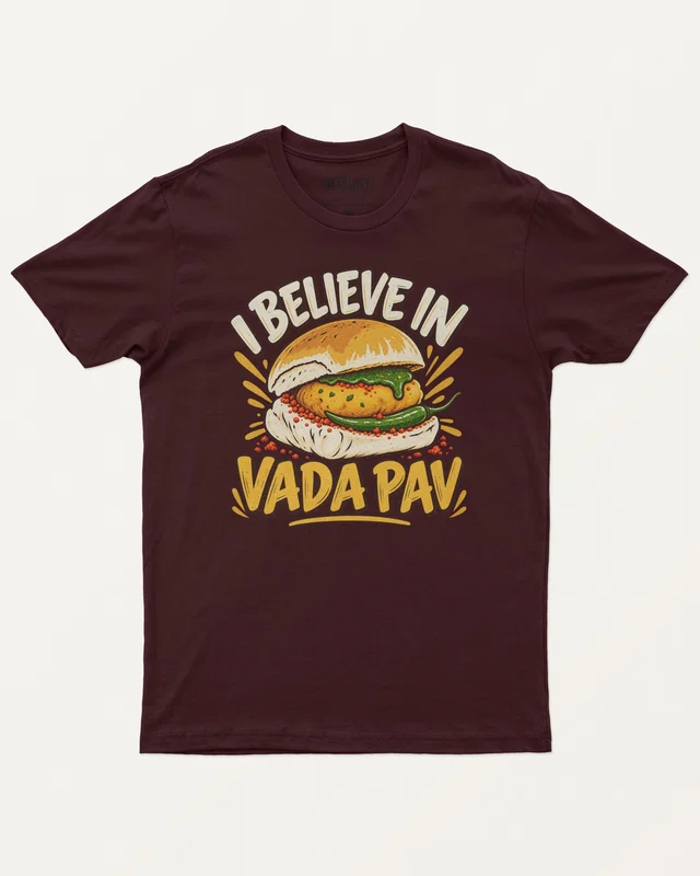 I Believe in Vada Pav Regular T-Shirt in Maroon — front