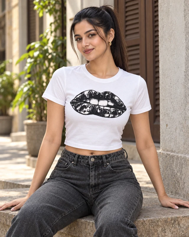 Vintage Lips Graphic Crop Top in White — model view 2