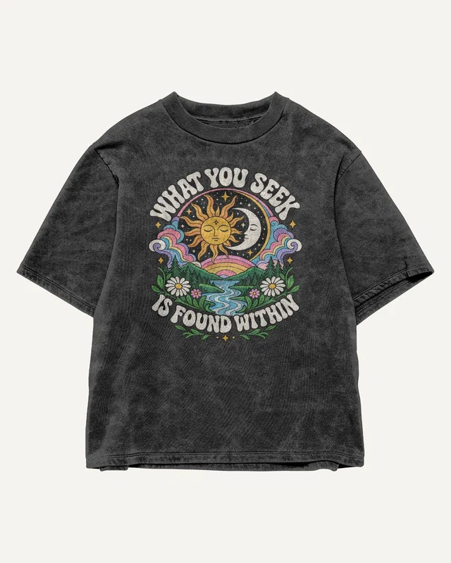 What You Seek Is Found Within Acid-Wash Oversized T-Shirt in Black — front
