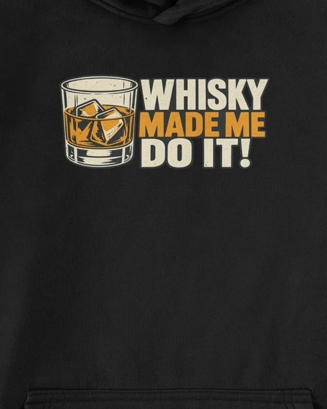 Whisky Made Me Do It Graphic Hoodie in Black — cropped design detail