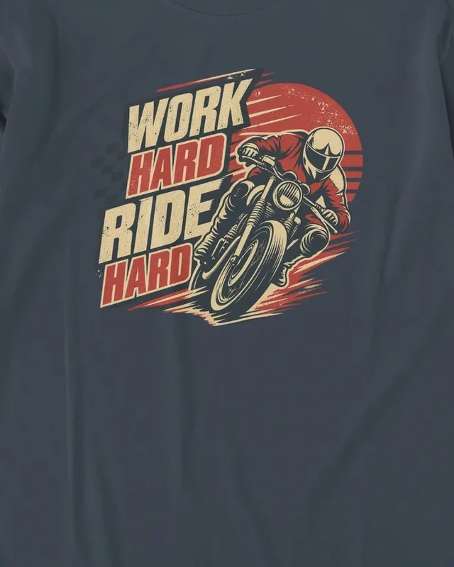 Work Hard Ride Hard Long-Sleeve T-Shirt in Navy Blue — design detail