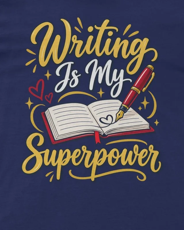 Writing Is My Superpower Regular T-Shirt in Royal Blue — design detail