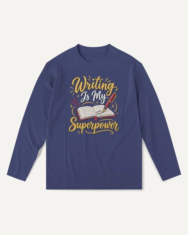 Writing Is My Superpower Long-Sleeve T-Shirt in Royal Blue — front