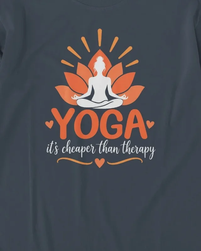 Yoga It's Cheaper Than Therapy Long-Sleeve T-Shirt in Navy Blue — design detail
