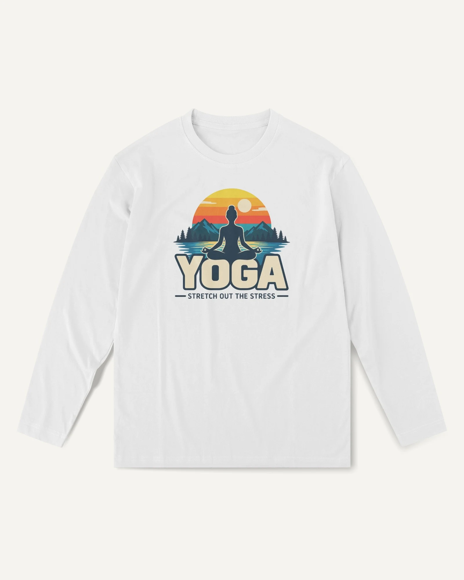 Yoga Stretch Out the Stress Long-Sleeve T-Shirt in White — front Yoga Stretch Out the Stress Long-Sleeve T-Shirt in White — front